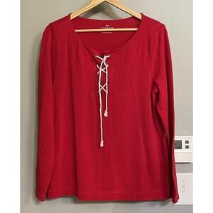 Talbots Top Lace-Up Long Sleeve Cotton Pullover Womens Large EUC‎